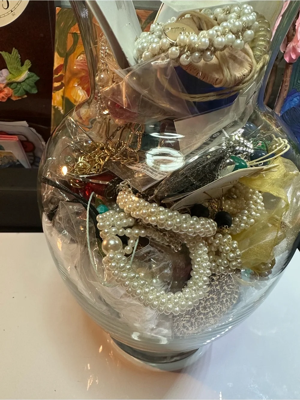 Glass Decorative Vase Filled with Gold and Pearl Accents - Unbranded